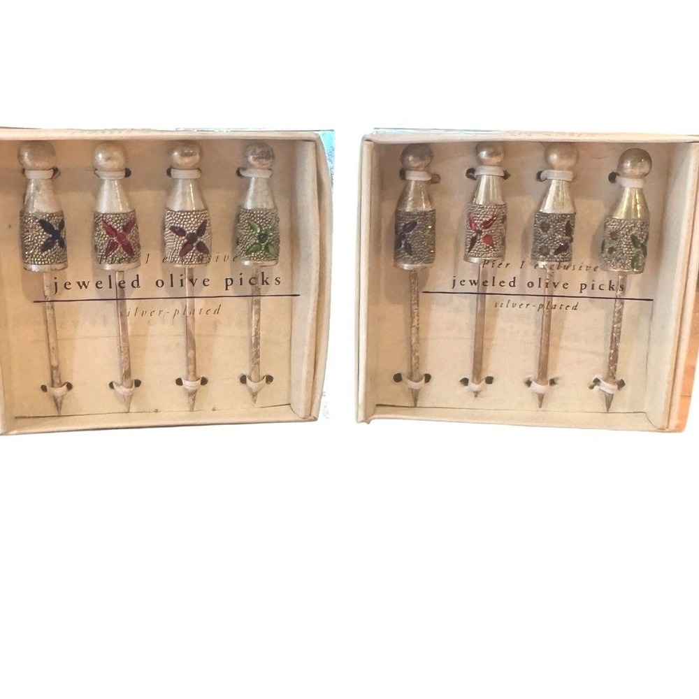Pier 1 Imports‎ Jeweled Olive Picks Silver Plated 2 Boxes of 4 Cocktail Picks